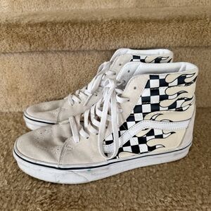 Vans White and Black Checkered Flame High-Tops 
Men’s 9/Women’s 10.5